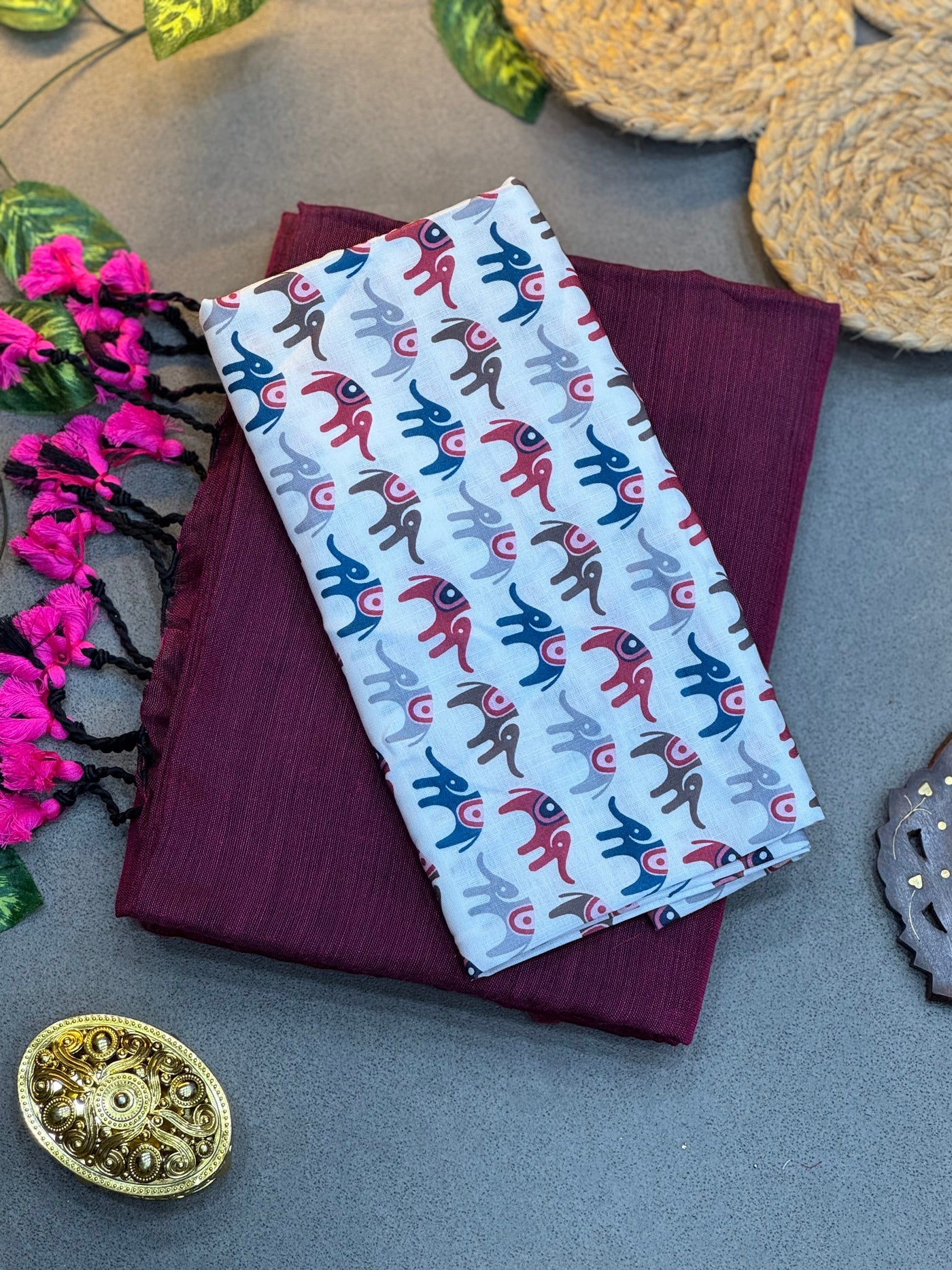 Handwoven Wine Khadi Cotton Saree with Multicolor Elephant Digital Print Blouse