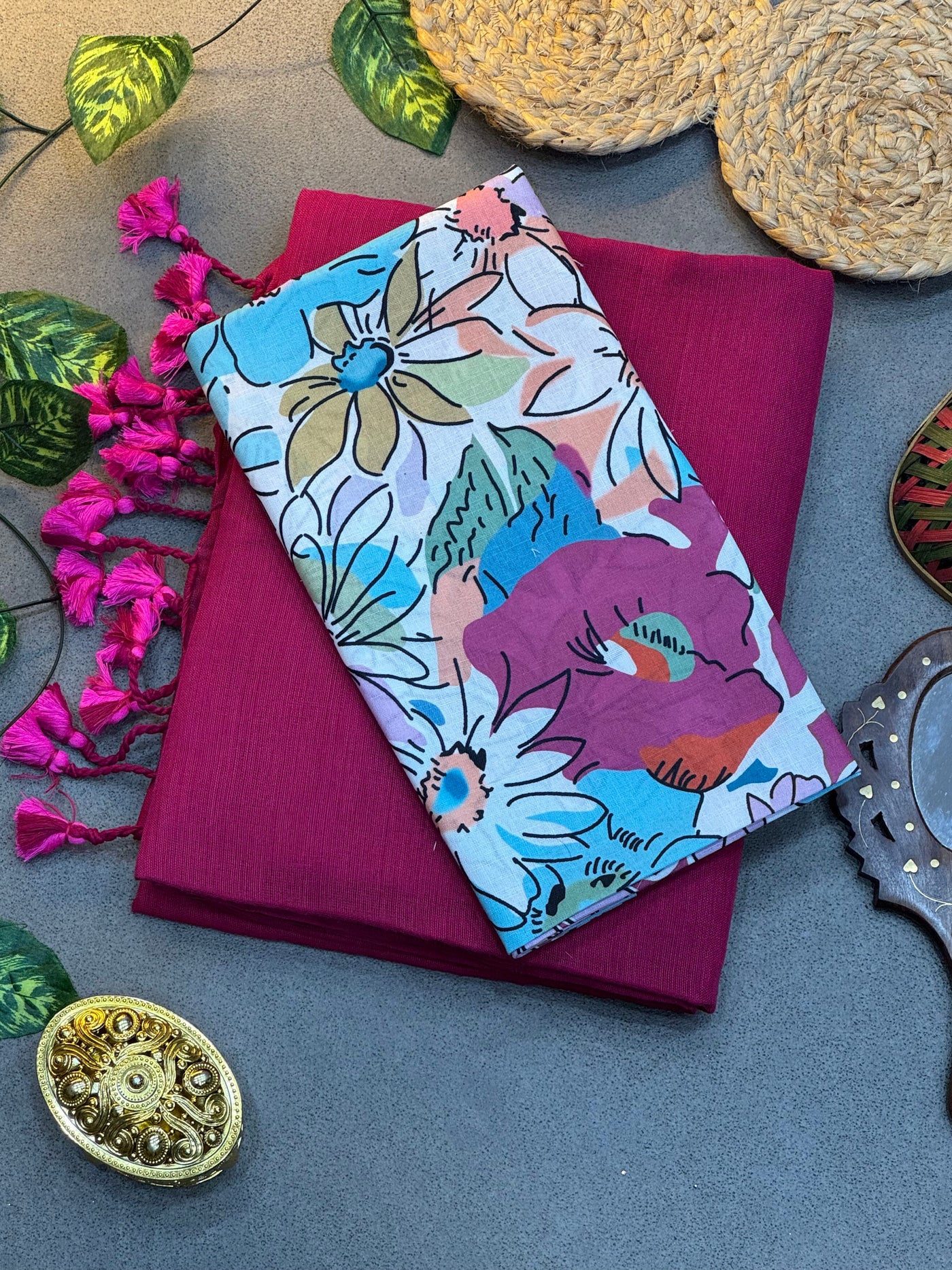 Handwoven Wine Khadi Cotton Saree with Pink Tassels & Multicolor Floral Digital Print Blouse