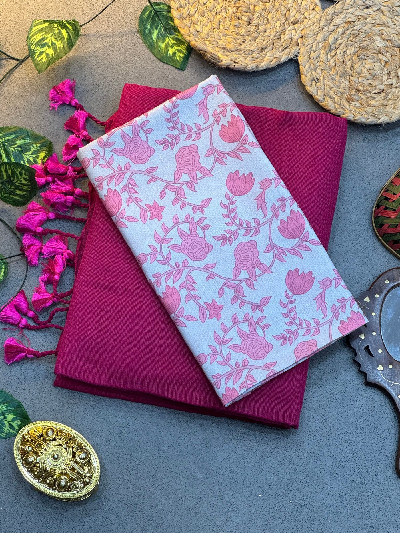 Handwoven Rani Pink Khadi Cotton Saree Paired with Floral Printed Digital Blouse