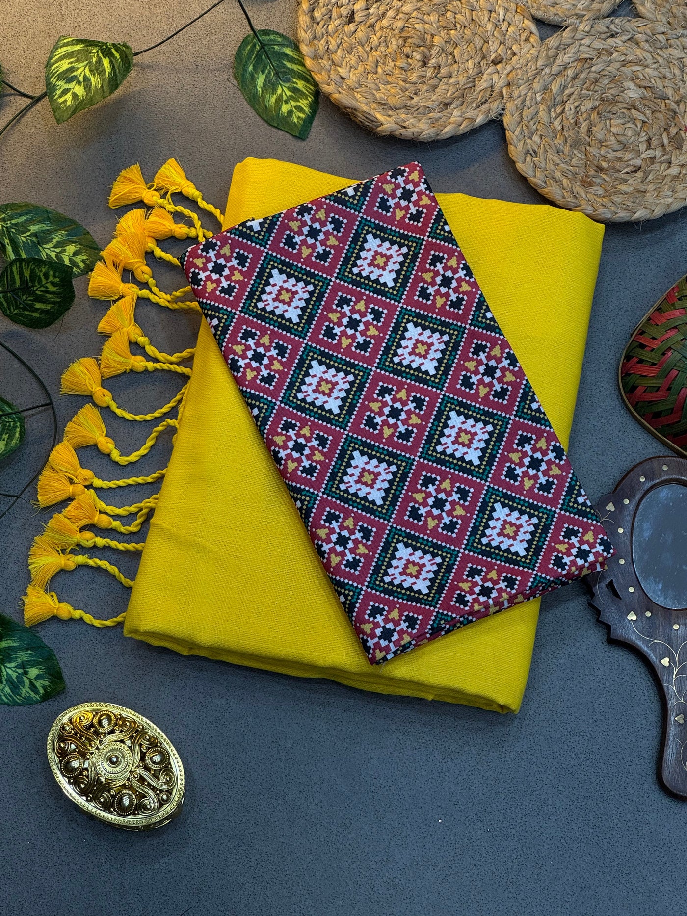 Handwoven Yellow Khadi Cotton Saree with Decorative Tassels & Traditional Geometric Digital Print Blouse