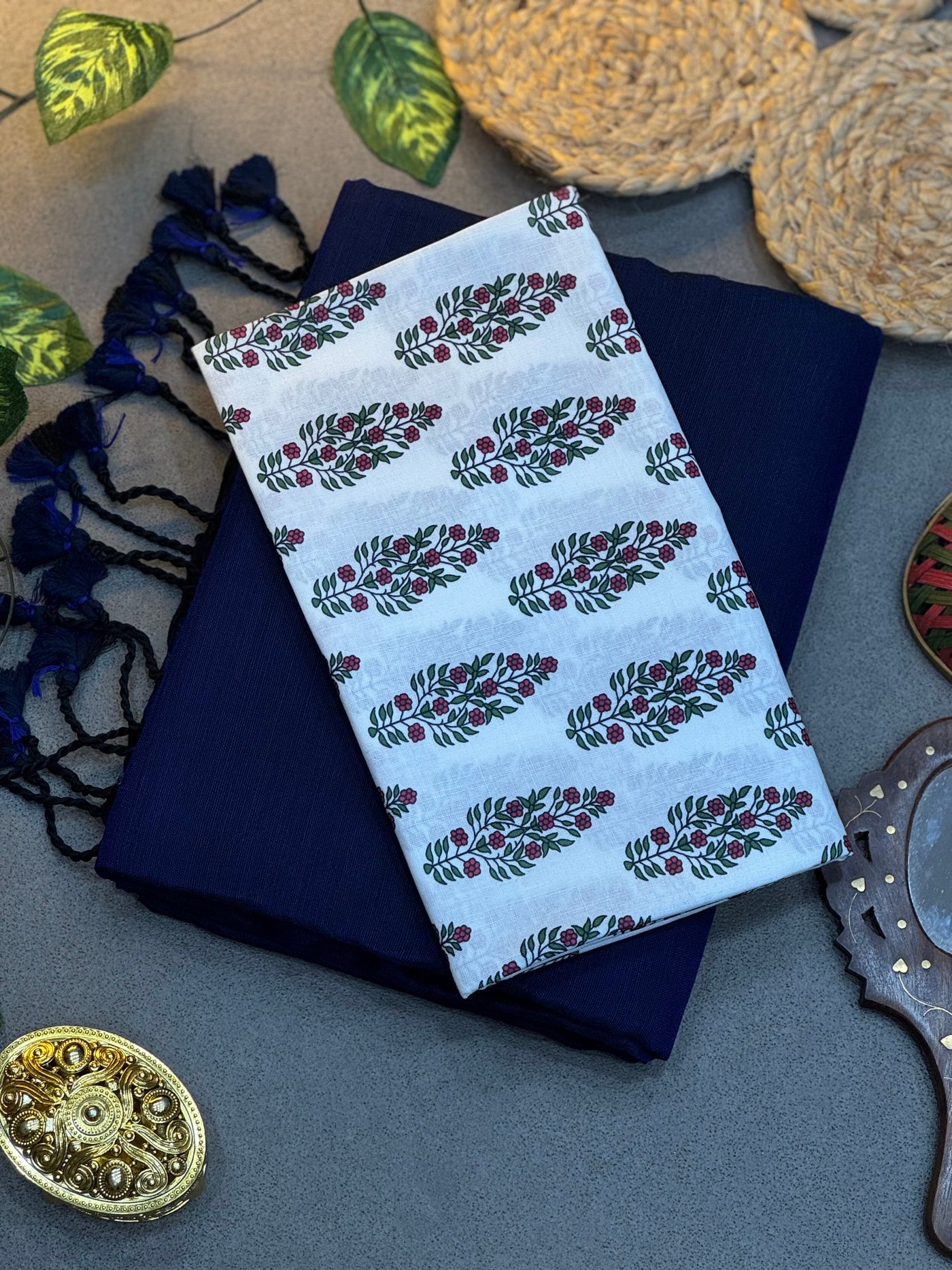 Handwoven Classic Navy Blue Khadi Cotton Saree with White Floral Digital Print Blouse