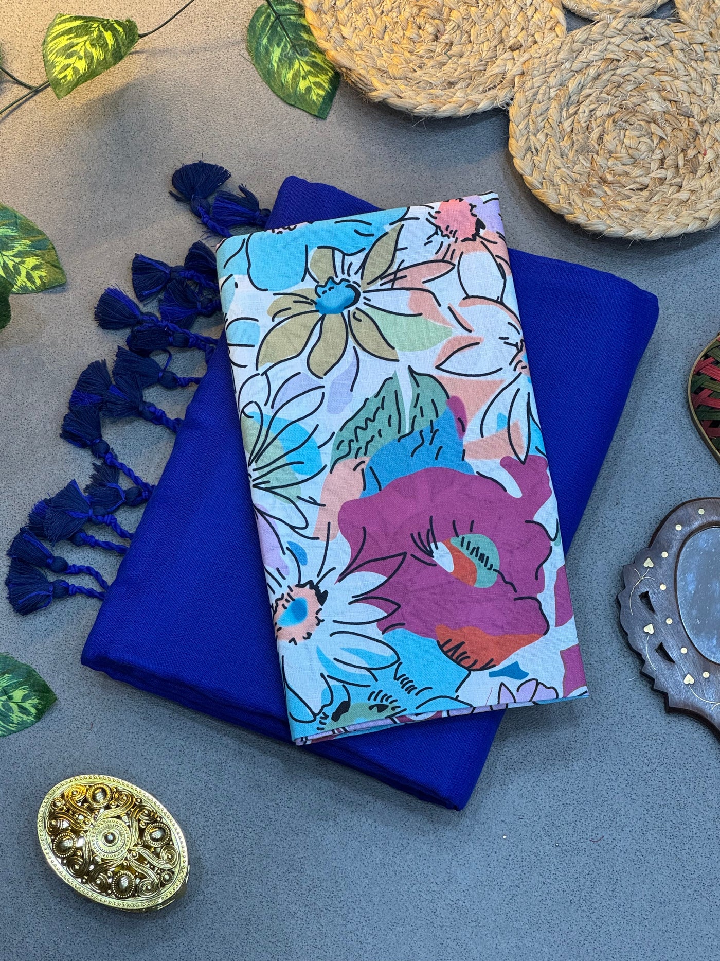 Handwoven Royal Blue Khadi Cotton Saree Paired with Vibrant Digital Printed Floral Blouse