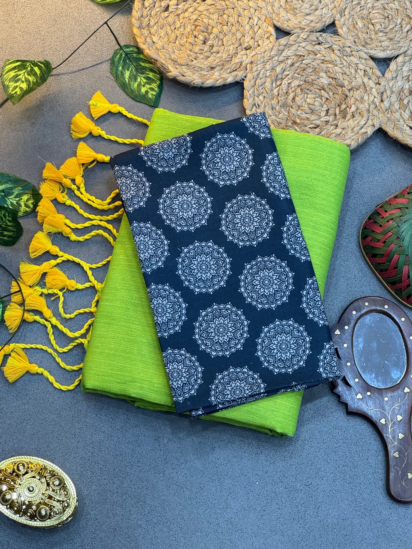 Handwoven Parrot Green Khadi Saree Paired with Black Mandala Pattern Digital Printed Blouse