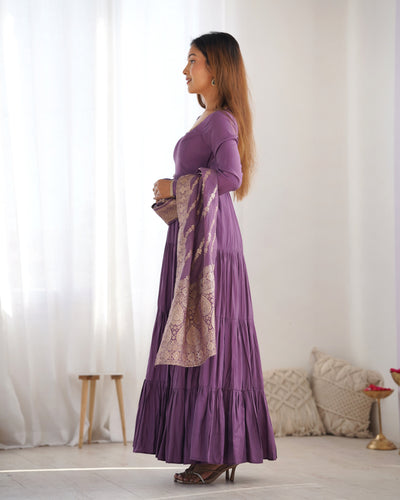 Mauve Purple Pure Romansilk Chanderi Anarkali Set with Banarasi Jacquard Dupatta
