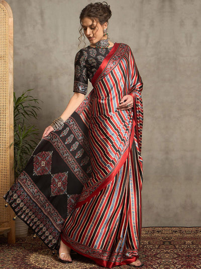Multicolor Striped Gajji Silk Saree with Contrasting Ajrakh Pallu and Ethnic Border