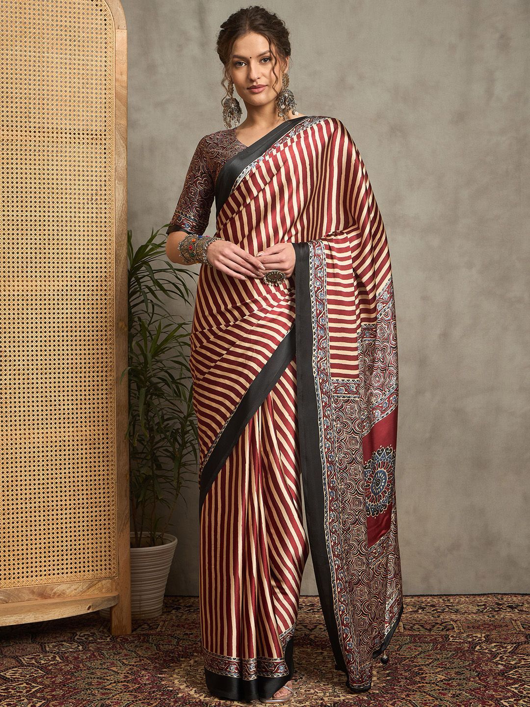Maroon & Beige Striped Gajji Silk Saree with Mandala-Inspired Pallu