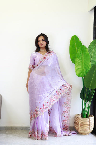 NEW COLOR BURBARY JIMMY CHOO SHINY EMBROIDERY WORK SAREE WITH UNSTICHED BLOUSE