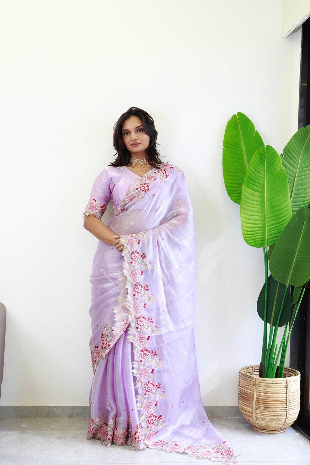 NEW COLOR BURBARY JIMMY CHOO SHINY EMBROIDERY WORK SAREE WITH UNSTICHED BLOUSE