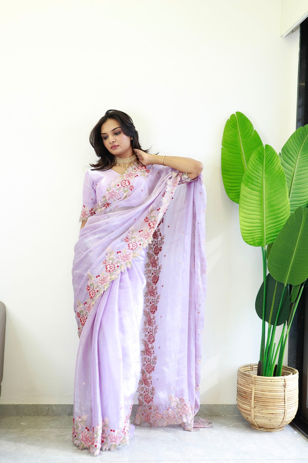 NEW COLOR BURBARY JIMMY CHOO SHINY EMBROIDERY WORK SAREE WITH UNSTICHED BLOUSE