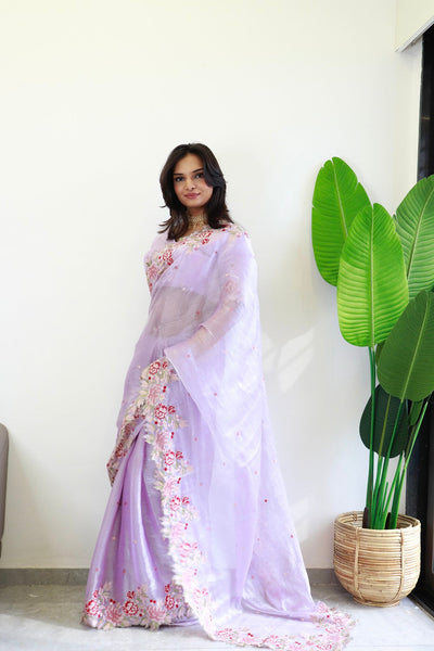 NEW COLOR BURBARY JIMMY CHOO SHINY EMBROIDERY WORK SAREE WITH UNSTICHED BLOUSE