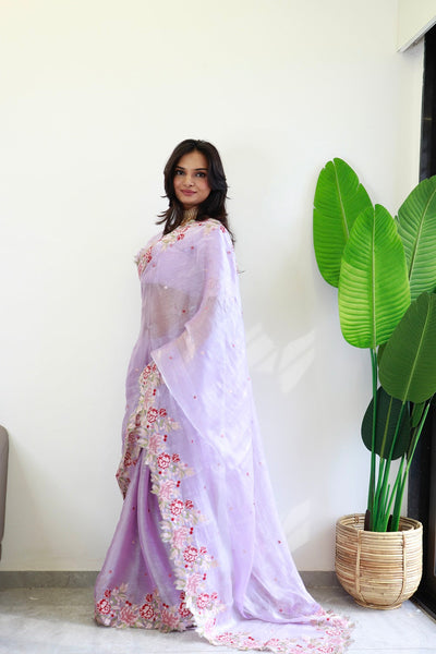 NEW COLOR BURBARY JIMMY CHOO SHINY EMBROIDERY WORK SAREE WITH UNSTICHED BLOUSE