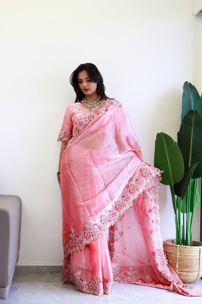 NEW COLOR BURBARY JIMMY CHOO SHINY EMBROIDERY WORK SAREE WITH UNSTICHED BLOUSE