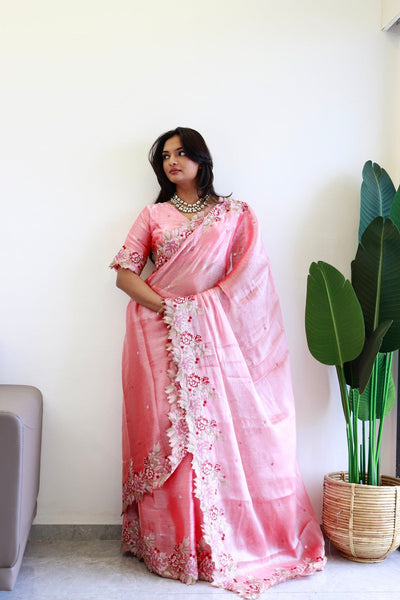 NEW COLOR BURBARY JIMMY CHOO SHINY EMBROIDERY WORK SAREE WITH UNSTICHED BLOUSE