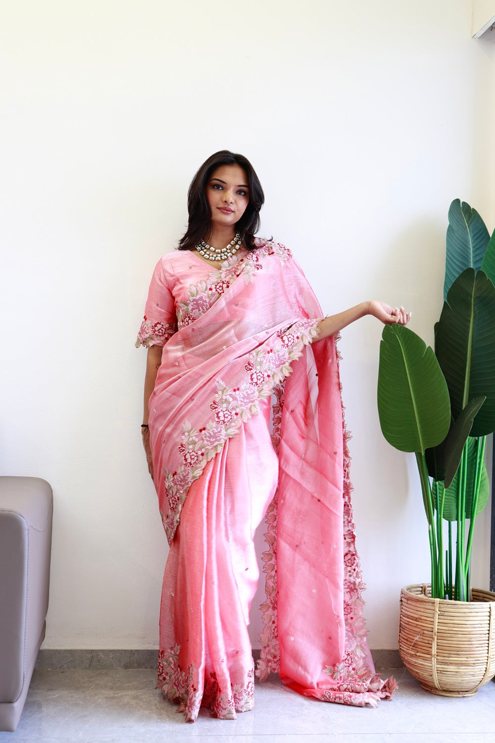 NEW COLOR BURBARY JIMMY CHOO SHINY EMBROIDERY WORK SAREE WITH UNSTICHED BLOUSE