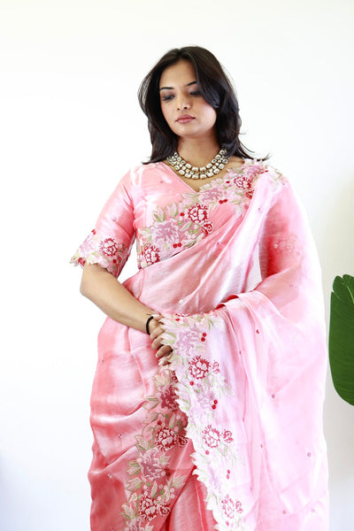 NEW COLOR BURBARY JIMMY CHOO SHINY EMBROIDERY WORK SAREE WITH UNSTICHED BLOUSE