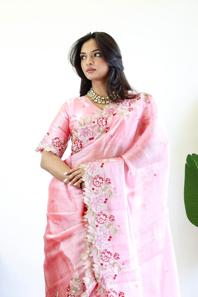 NEW COLOR BURBARY JIMMY CHOO SHINY EMBROIDERY WORK SAREE WITH UNSTICHED BLOUSE