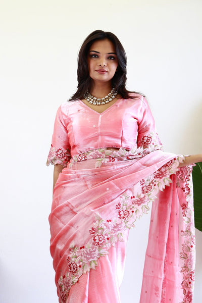 NEW COLOR BURBARY JIMMY CHOO SHINY EMBROIDERY WORK SAREE WITH UNSTICHED BLOUSE