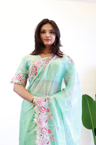 NEW COLOR BURBARY JIMMY CHOO SHINY EMBROIDERY WORK SAREE WITH UNSTICHED BLOUSE