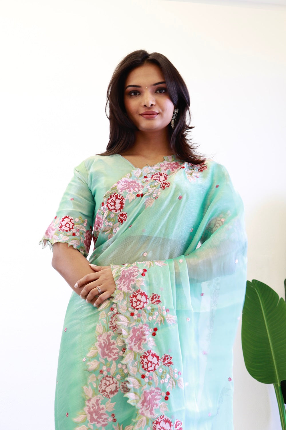 NEW COLOR BURBARY JIMMY CHOO SHINY EMBROIDERY WORK SAREE WITH UNSTICHED BLOUSE