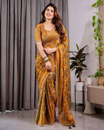Mustard Yellow Fendy Chiffon Saree with Foil & Block Print, Tassels, and Attached Blouse