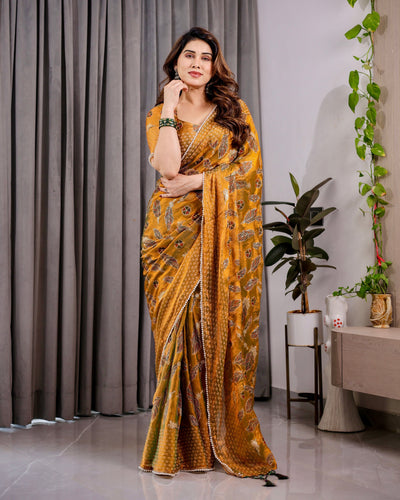 Mustard Yellow Fendy Chiffon Saree with Foil & Block Print, Tassels, and Attached Blouse