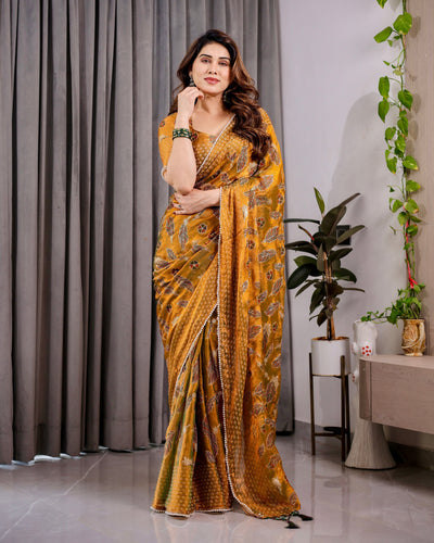 Mustard Yellow Fendy Chiffon Saree with Foil & Block Print, Tassels, and Attached Blouse