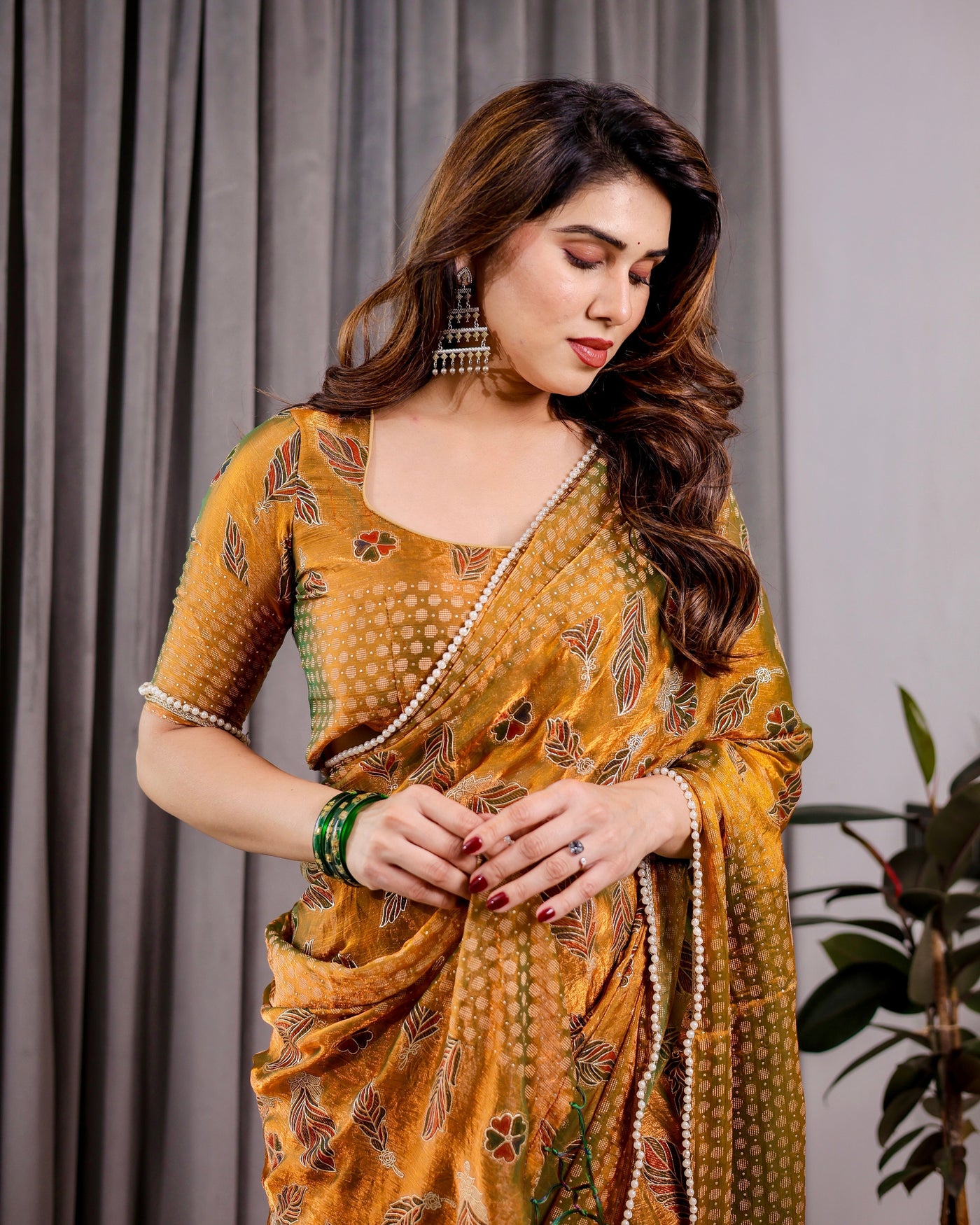 Mustard Yellow Fendy Chiffon Saree with Foil & Block Print, Tassels, and Attached Blouse