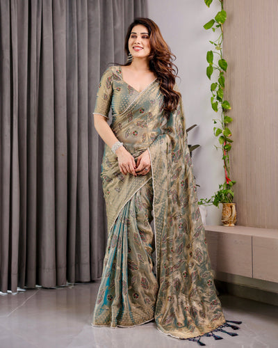 Pastel Green Fendy Chiffon Saree with Foil & Block Prints, Pearl Lace & Tassel Edges