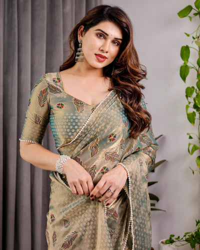 Pastel Green Fendy Chiffon Saree with Foil & Block Prints, Pearl Lace & Tassel Edges