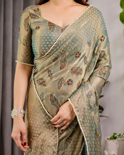 Pastel Green Fendy Chiffon Saree with Foil & Block Prints, Pearl Lace & Tassel Edges