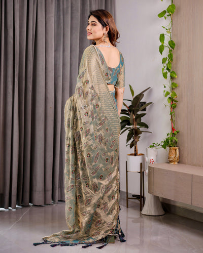 Pastel Green Fendy Chiffon Saree with Foil & Block Prints, Pearl Lace & Tassel Edges