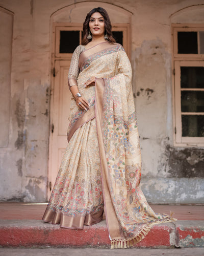Luxurious Off-White Silk Saree with Gold Accents & Artistic Detailing – Timeless Fashion