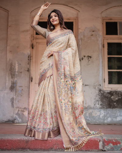 Luxurious Off-White Silk Saree with Gold Accents & Artistic Detailing – Timeless Fashion