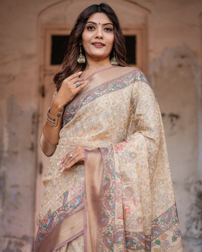 Luxurious Off-White Silk Saree with Gold Accents & Artistic Detailing – Timeless Fashion