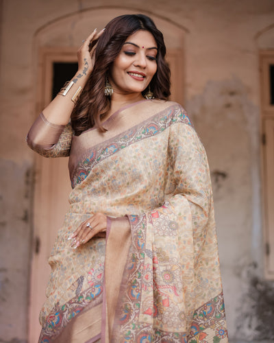 Luxurious Off-White Silk Saree with Gold Accents & Artistic Detailing – Timeless Fashion