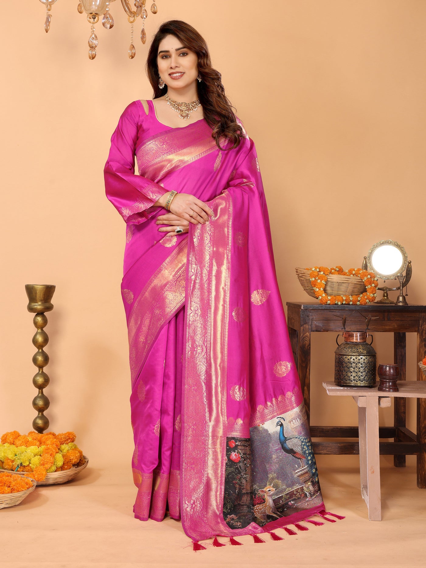 Rani Pink Banarasi Silk Saree with Golden Zari Weaving & Artistic Peacock Digital Pallu – Traditional Festive Wear