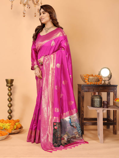 Rani Pink Banarasi Silk Saree with Golden Zari Weaving & Artistic Peacock Digital Pallu – Traditional Festive Wear