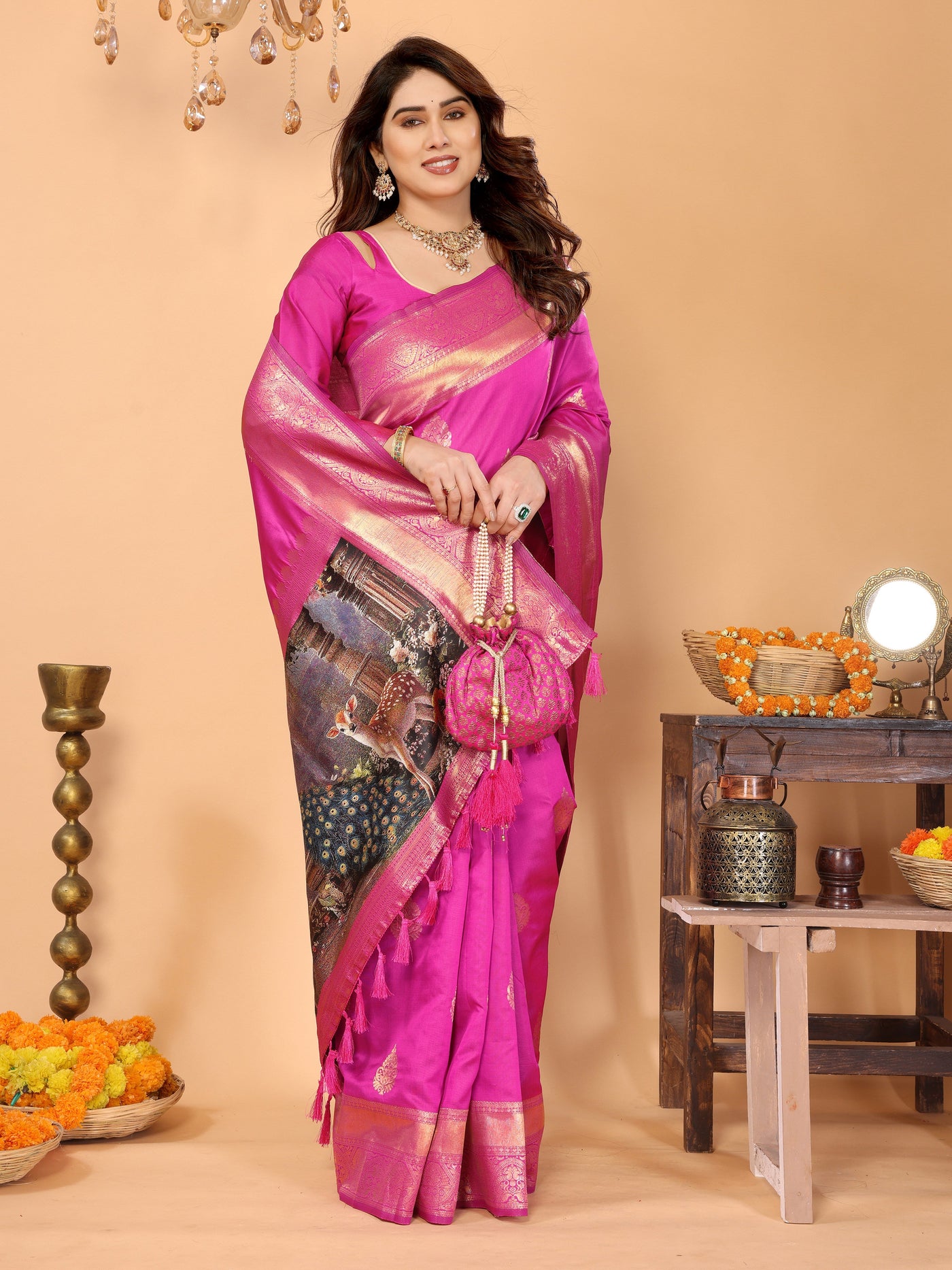 Rani Pink Banarasi Silk Saree with Golden Zari Weaving & Artistic Peacock Digital Pallu – Traditional Festive Wear