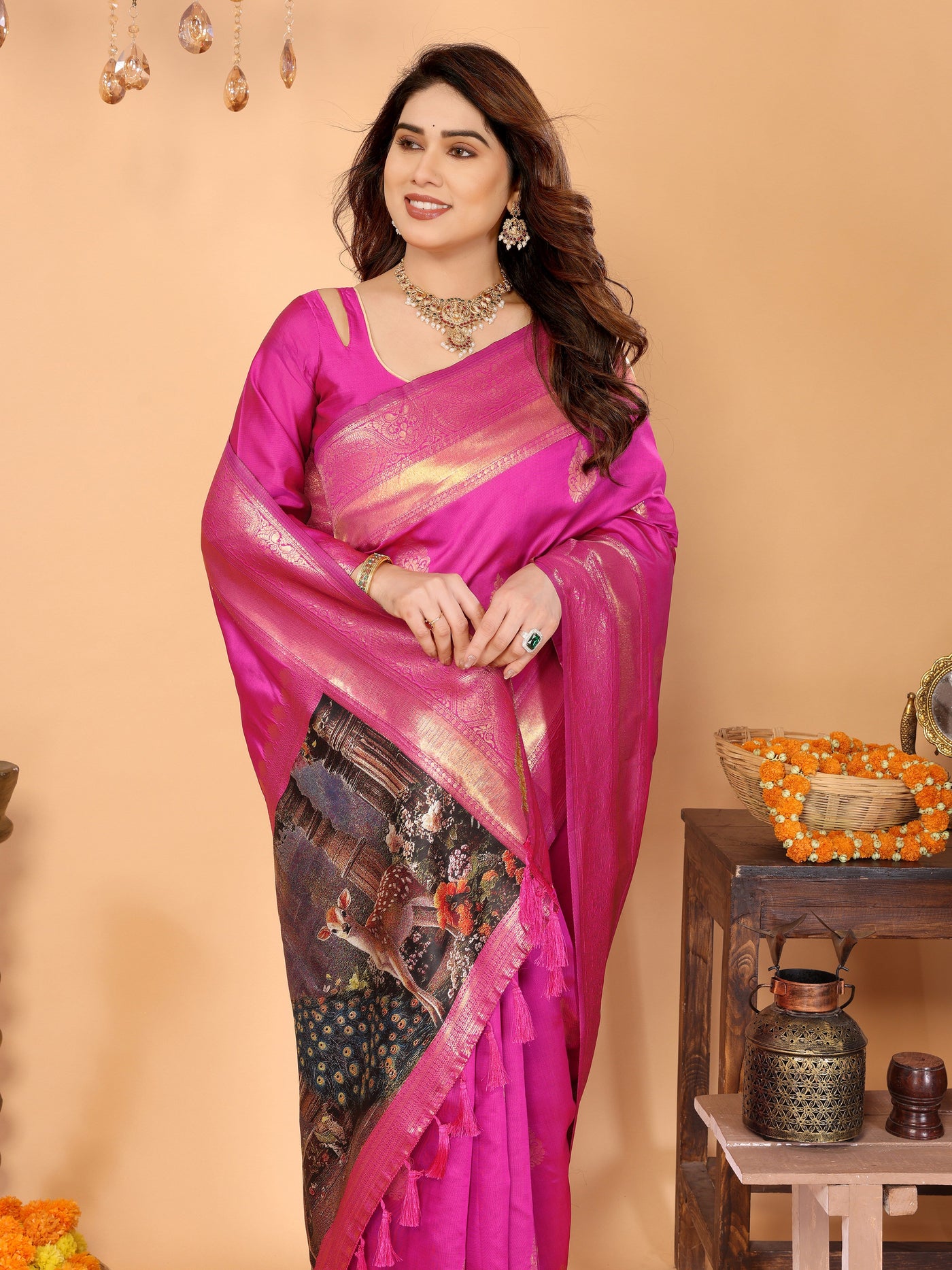 Rani Pink Banarasi Silk Saree with Golden Zari Weaving & Artistic Peacock Digital Pallu – Traditional Festive Wear