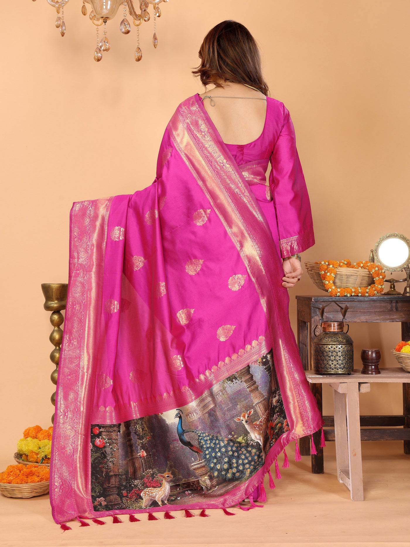 Rani Pink Banarasi Silk Saree with Golden Zari Weaving & Artistic Peacock Digital Pallu – Traditional Festive Wear