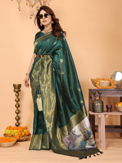 Bottle Green Banarasi Silk Saree with Golden Zari Weaving & Peacock Digital Pallu – Elegant Wedding & Festive Wear
