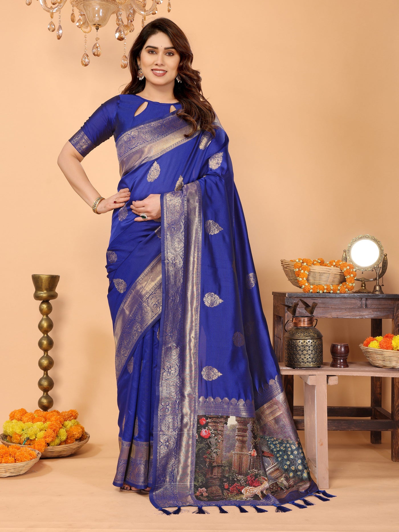Royal Blue Banarasi Silk Saree with Golden Zari Weaving & Temple Peacock Digital Pallu – Festive & Wedding Special