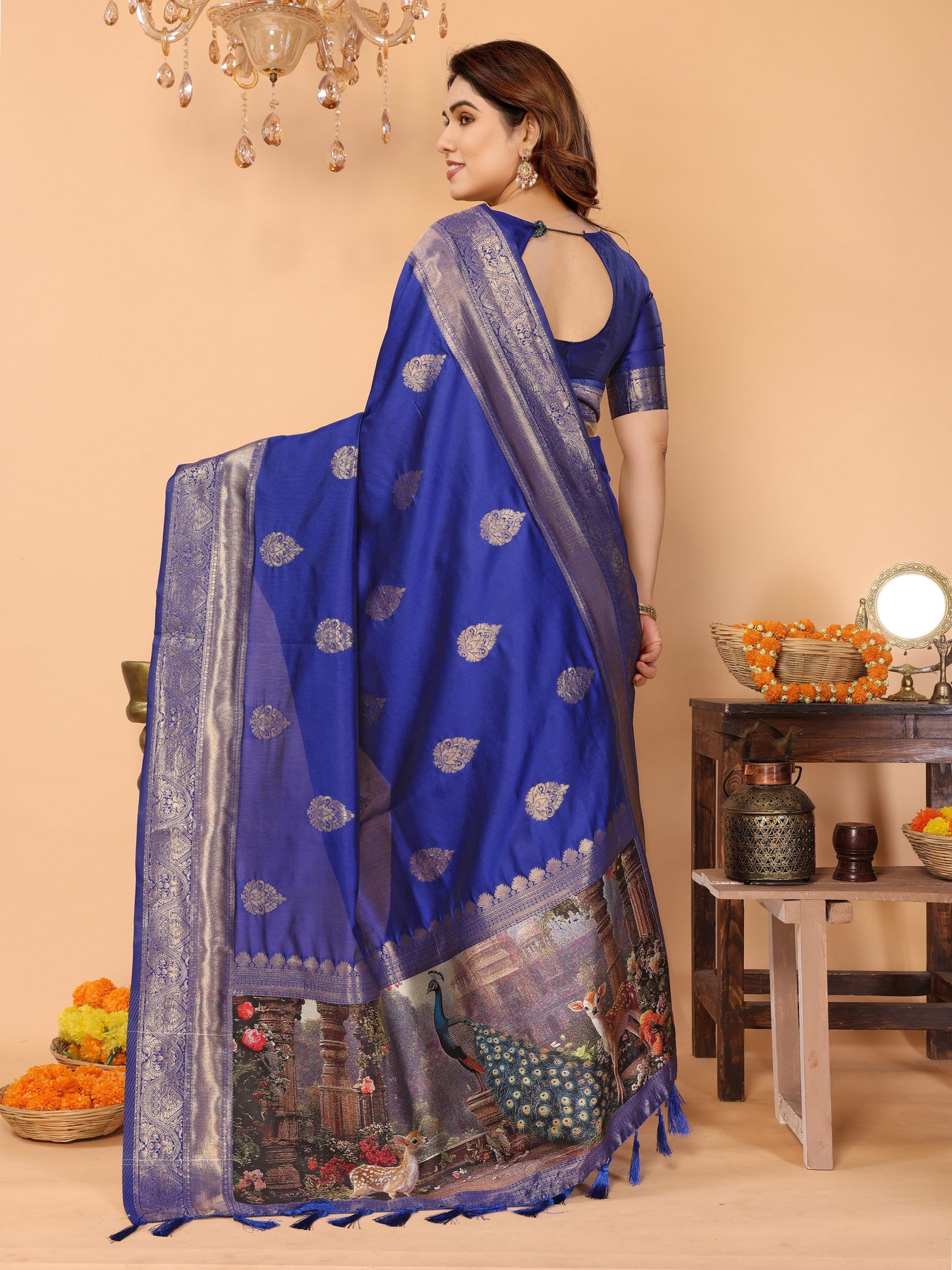 Royal Blue Banarasi Silk Saree with Golden Zari Weaving & Temple Peacock Digital Pallu – Festive & Wedding Special