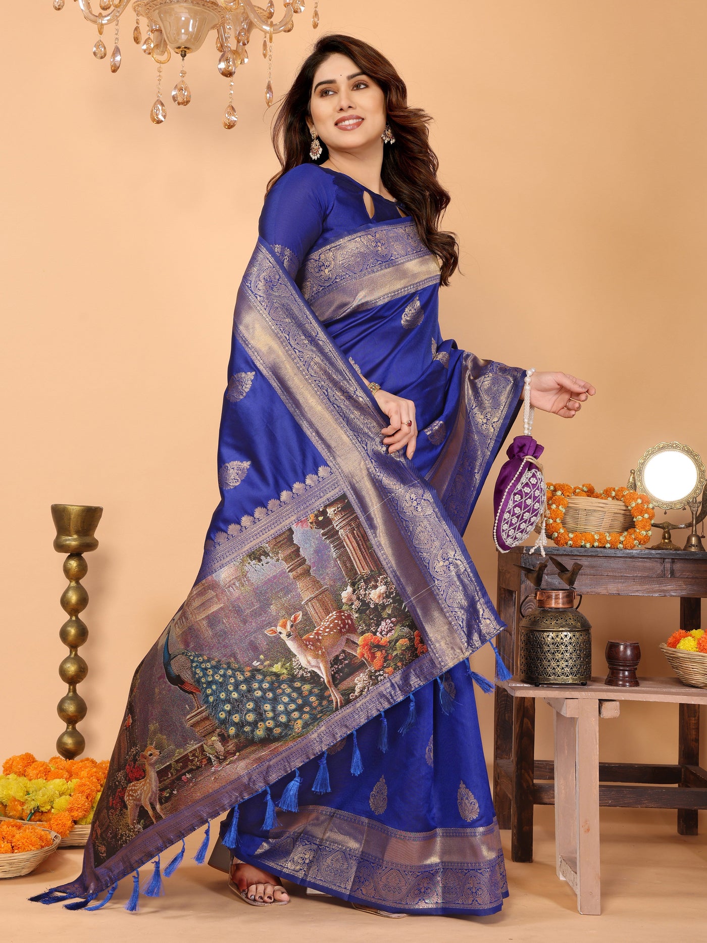 Royal Blue Banarasi Silk Saree with Golden Zari Weaving & Temple Peacock Digital Pallu – Festive & Wedding Special