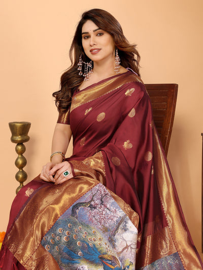 Maroon Banarasi Silk Saree with Golden Zari Woven Border & Peacock Digital Print Pallu – Bridal & Festive Special