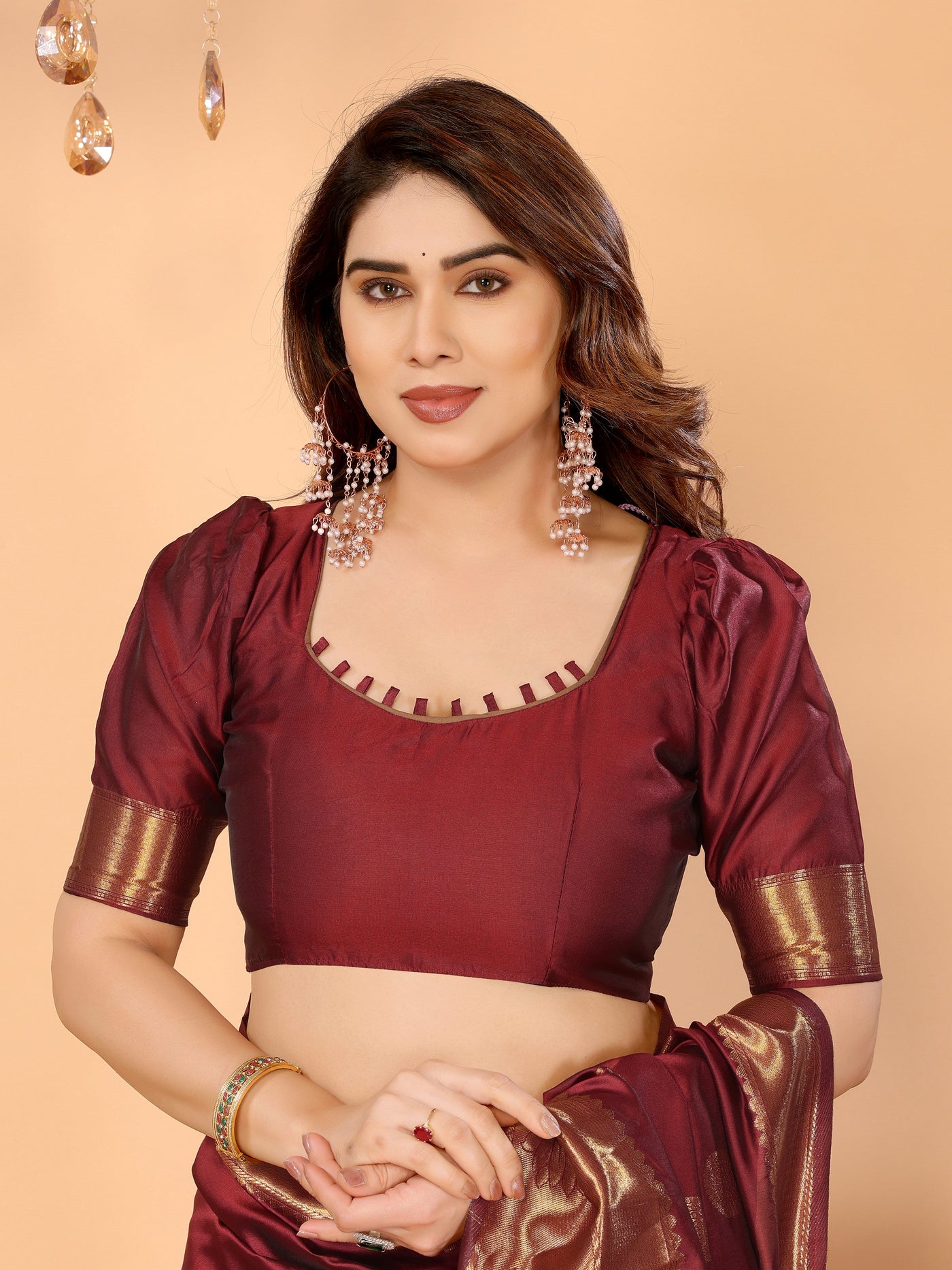 Maroon Banarasi Silk Saree with Golden Zari Woven Border & Peacock Digital Print Pallu – Bridal & Festive Special