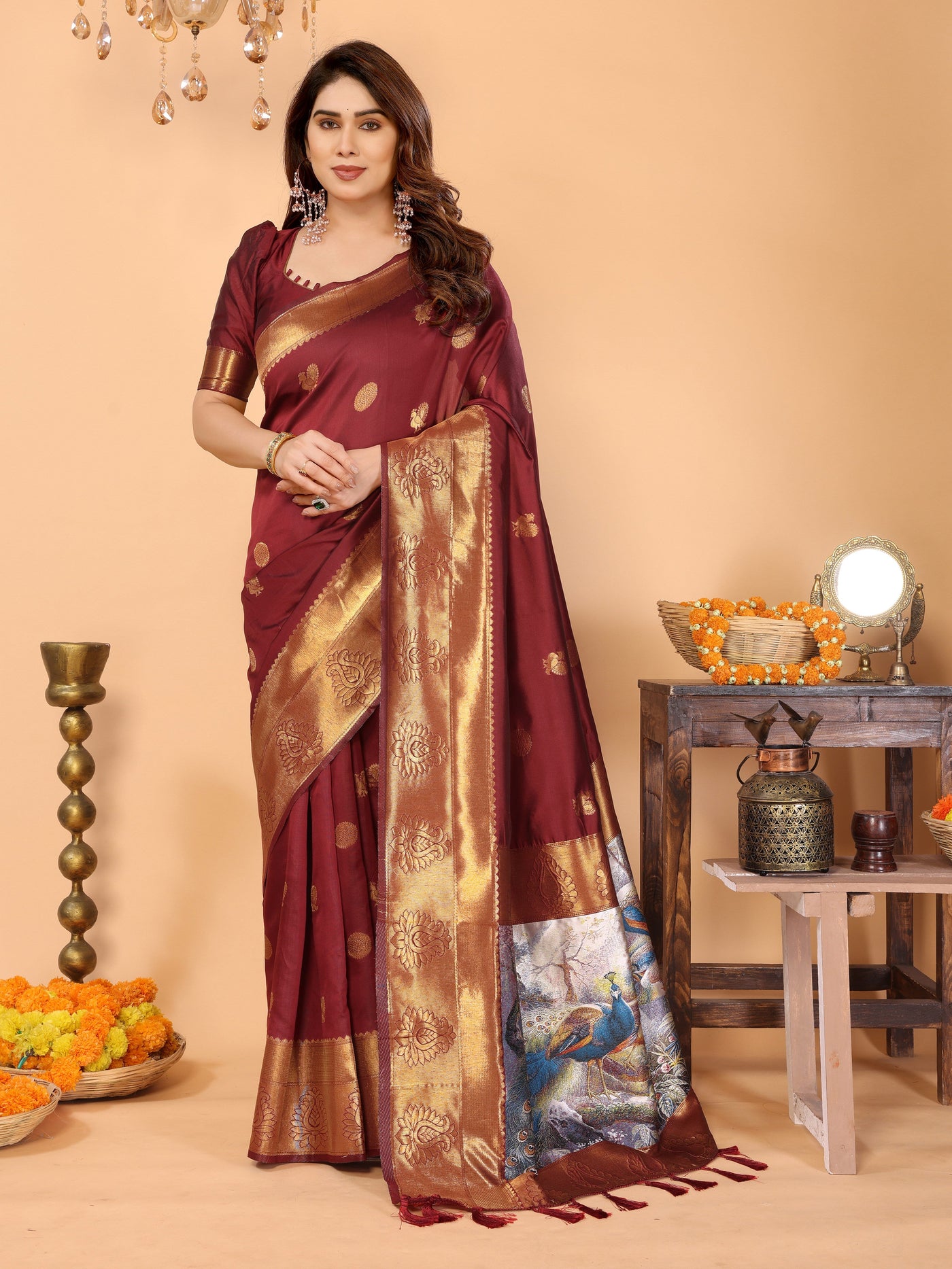 Maroon Banarasi Silk Saree with Golden Zari Woven Border & Peacock Digital Print Pallu – Bridal & Festive Special