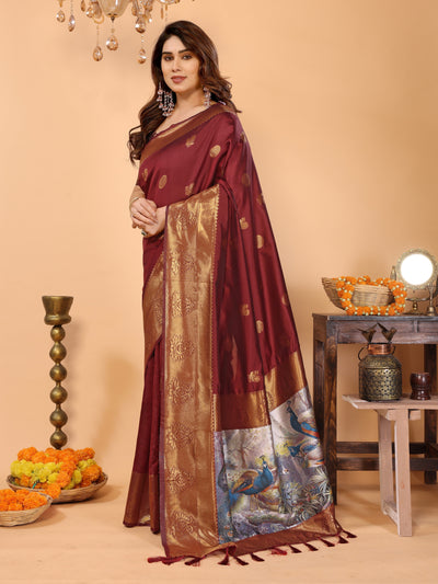 Maroon Banarasi Silk Saree with Golden Zari Woven Border & Peacock Digital Print Pallu – Bridal & Festive Special