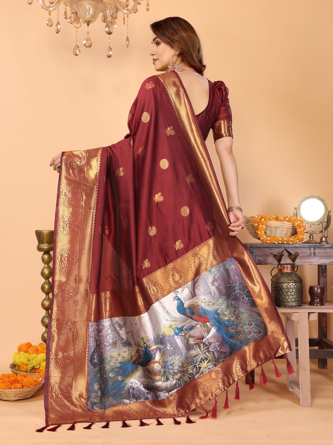 Maroon Banarasi Silk Saree with Golden Zari Woven Border & Peacock Digital Print Pallu – Bridal & Festive Special