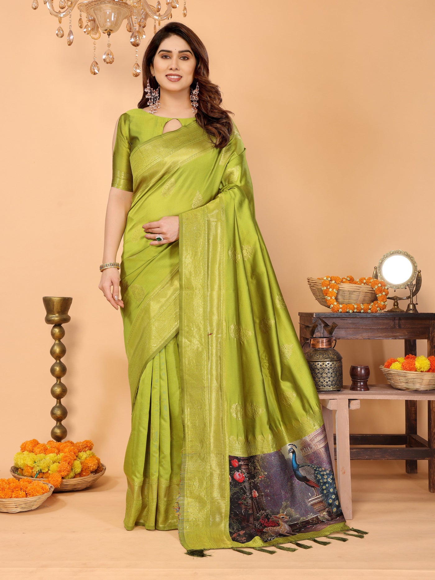 Lime Green Banarasi Silk Saree with Golden Zari Weaving & Peacock Digital Print Pallu – Festive & Elegant Occasion Wear